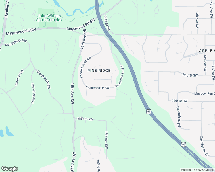 map of restaurants, bars, coffee shops, grocery stores, and more near 2380 Ponderosa Drive Southwest in Rochester