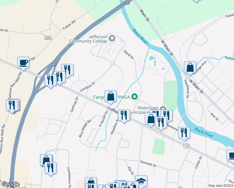 map of restaurants, bars, coffee shops, grocery stores, and more near 542 North Hycliff Drive in Watertown