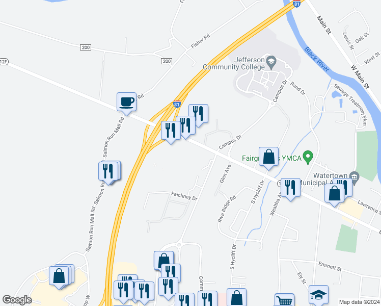 map of restaurants, bars, coffee shops, grocery stores, and more near 1279 Coffeen Street in Watertown