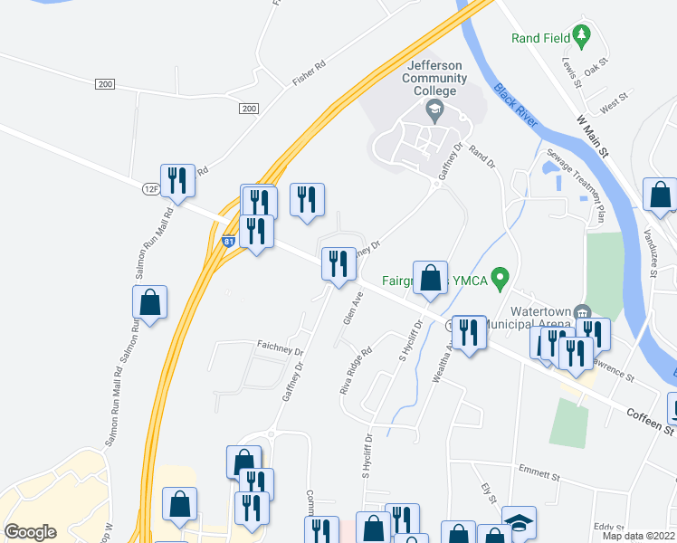 map of restaurants, bars, coffee shops, grocery stores, and more near Coffeen St & Gaffney Dr in Watertown