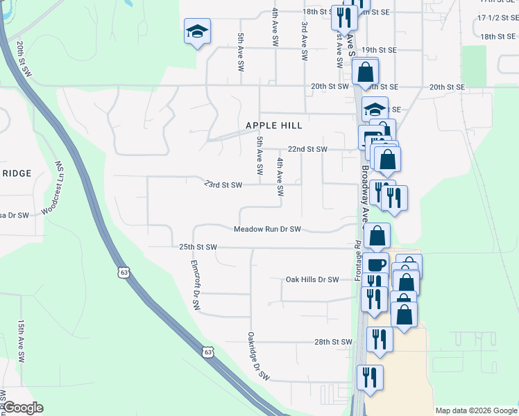 map of restaurants, bars, coffee shops, grocery stores, and more near 507 24th Street Southwest in Rochester