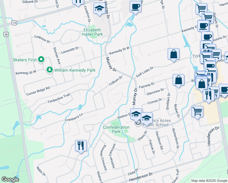 map of restaurants, bars, coffee shops, grocery stores, and more near 20 Devlin Place in Aurora