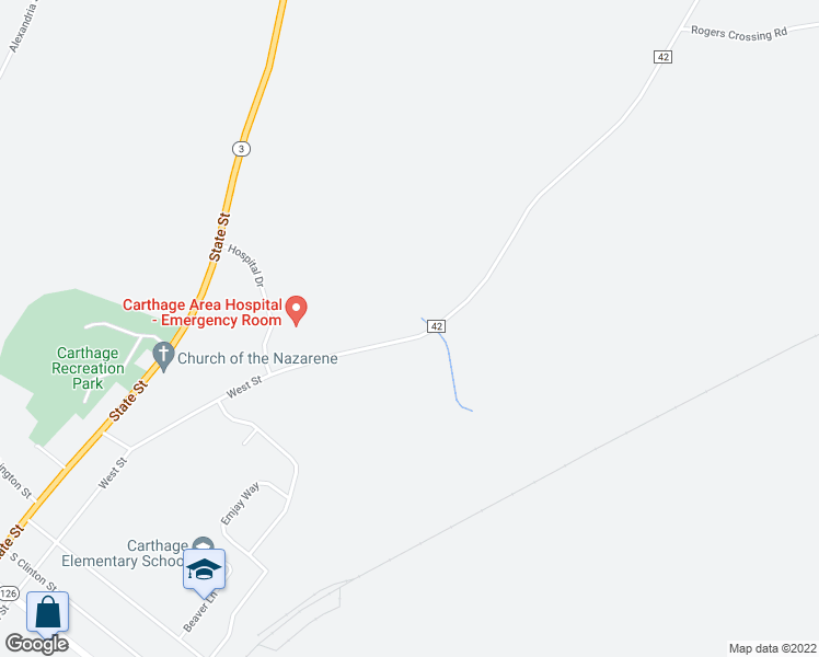 map of restaurants, bars, coffee shops, grocery stores, and more near 22189 County Road 42 in Carthage