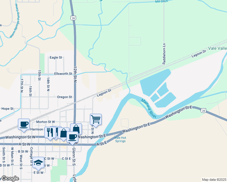 map of restaurants, bars, coffee shops, grocery stores, and more near 835 Lagoon Drive in Vale