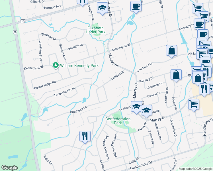 map of restaurants, bars, coffee shops, grocery stores, and more near 33 Trillium Drive in Aurora