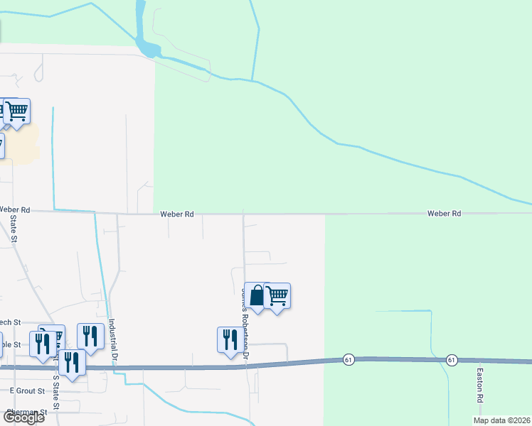 map of restaurants, bars, coffee shops, grocery stores, and more near 2576 Weber Road in Gladwin