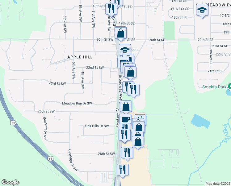 map of restaurants, bars, coffee shops, grocery stores, and more near 2311 Frontage Road in Rochester