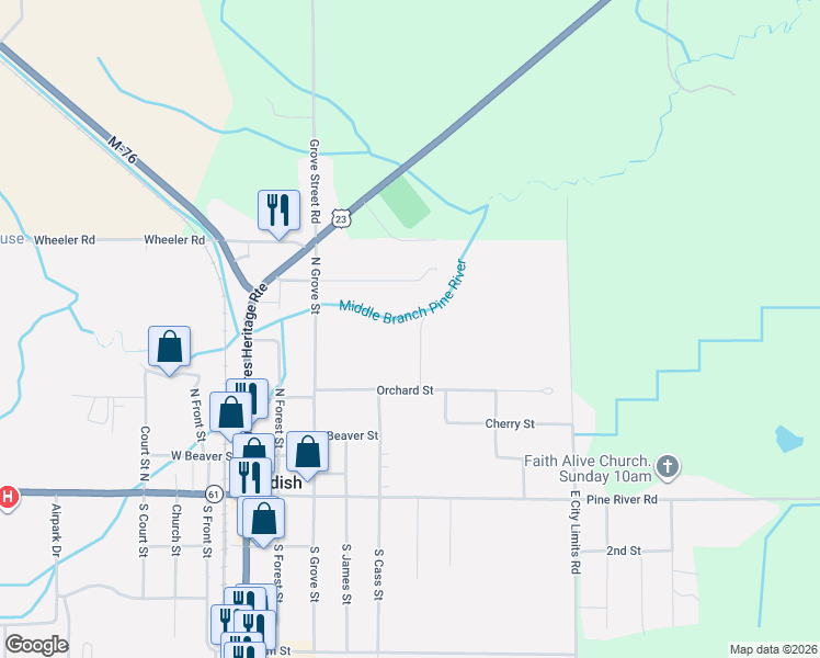 map of restaurants, bars, coffee shops, grocery stores, and more near 402 North Diane Court in Standish