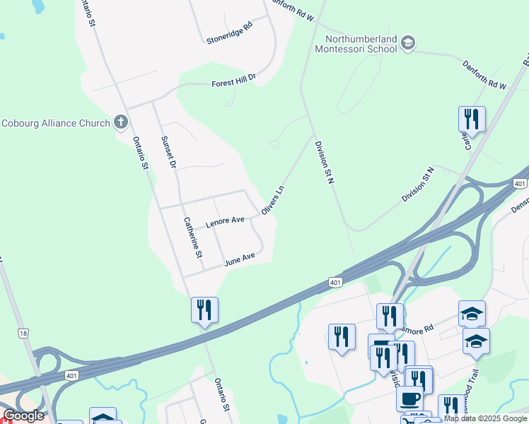 map of restaurants, bars, coffee shops, grocery stores, and more near 40 Olivers Lane in Cobourg