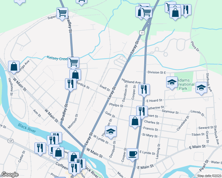 map of restaurants, bars, coffee shops, grocery stores, and more near 825 Leray Street in Watertown