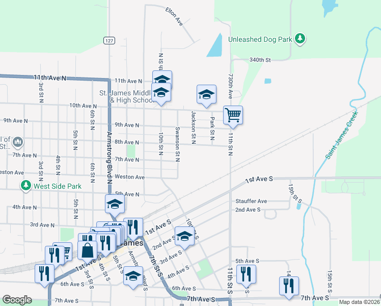map of restaurants, bars, coffee shops, grocery stores, and more near in Saint James