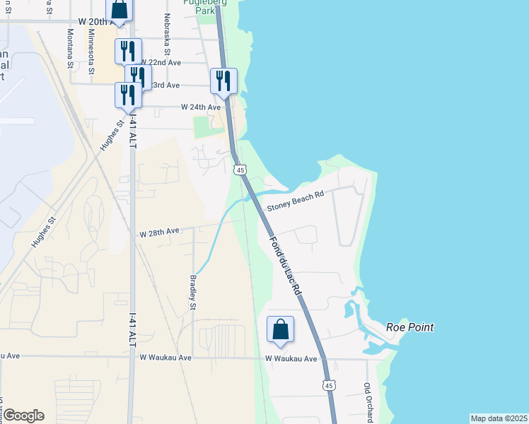 map of restaurants, bars, coffee shops, grocery stores, and more near 2756 Fond Du Lac Road in Oshkosh