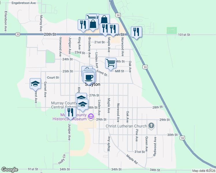 map of restaurants, bars, coffee shops, grocery stores, and more near 2624 Maple Avenue in Slayton