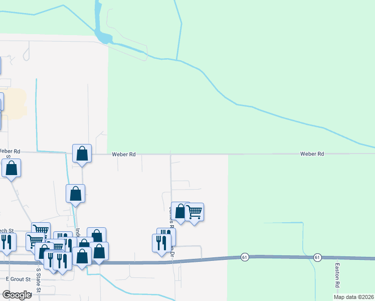 map of restaurants, bars, coffee shops, grocery stores, and more near 2576 Weber Road in Gladwin