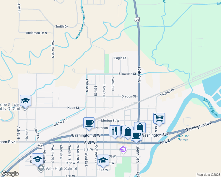 map of restaurants, bars, coffee shops, grocery stores, and more near 671 14th St N in Vale
