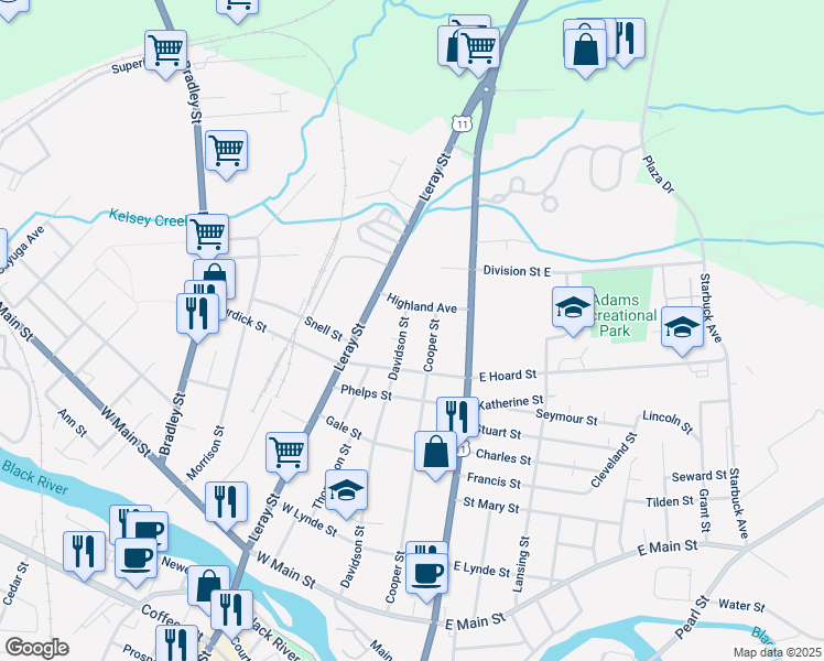map of restaurants, bars, coffee shops, grocery stores, and more near 830 Davidson Street in Watertown