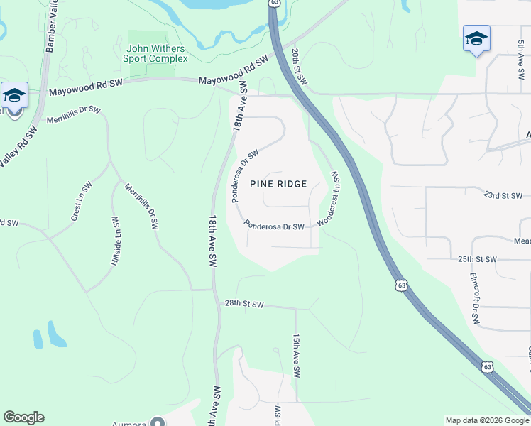 map of restaurants, bars, coffee shops, grocery stores, and more near 1544 Redwood Lane Southwest in Rochester