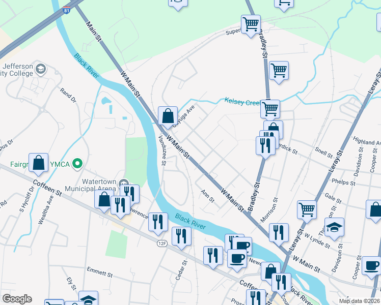 map of restaurants, bars, coffee shops, grocery stores, and more near 932 West Main Street in Watertown