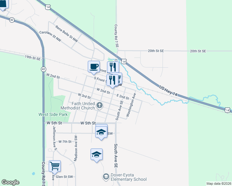 map of restaurants, bars, coffee shops, grocery stores, and more near 11 West 2nd Street in Eyota
