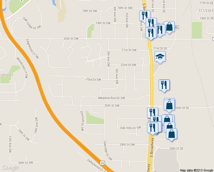 map of restaurants, bars, coffee shops, grocery stores, and more near 507 24th Street Southwest in Rochester