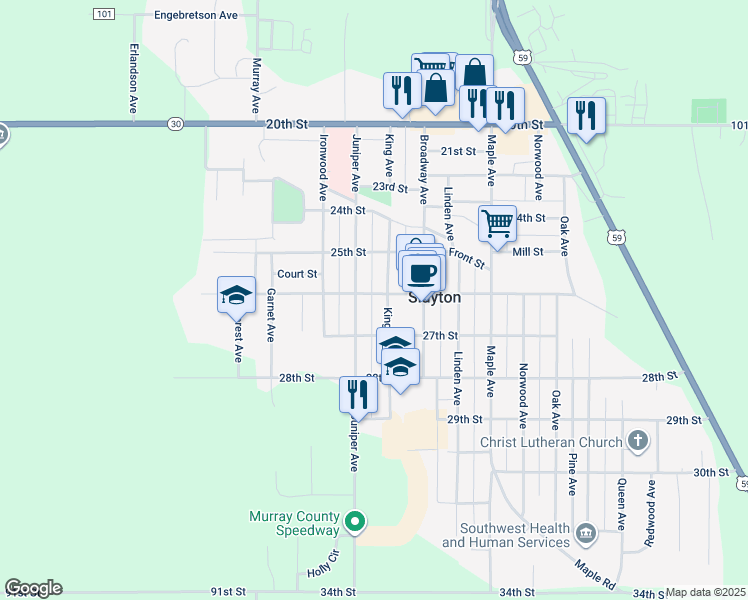 map of restaurants, bars, coffee shops, grocery stores, and more near 2330 26th Street in Slayton
