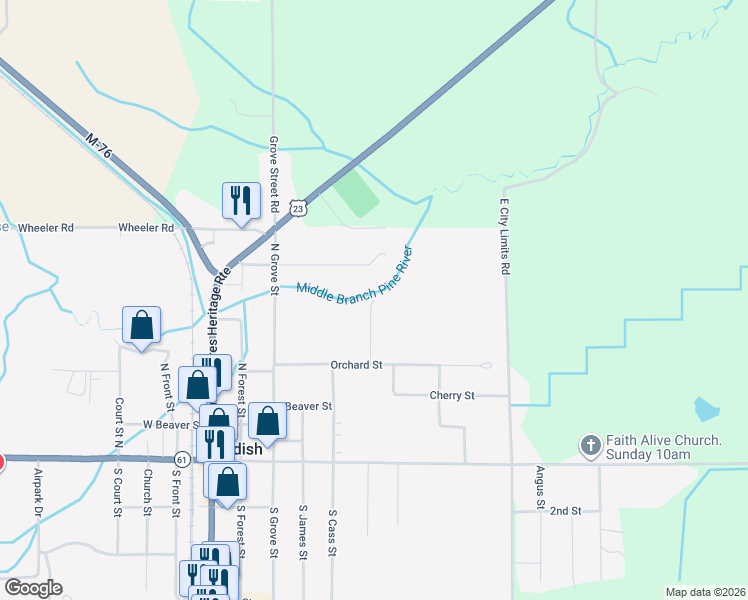 map of restaurants, bars, coffee shops, grocery stores, and more near 406 Diane Street in Standish