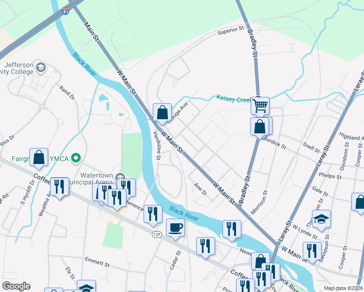 map of restaurants, bars, coffee shops, grocery stores, and more near 932 West Main Street in Watertown