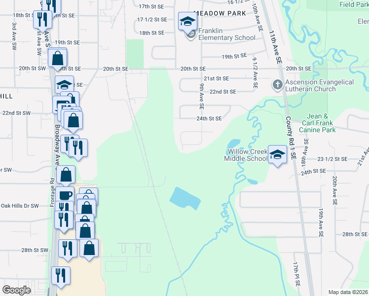 map of restaurants, bars, coffee shops, grocery stores, and more near 824 26th Street Southeast in Rochester