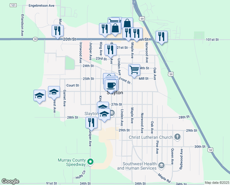 map of restaurants, bars, coffee shops, grocery stores, and more near in Slayton