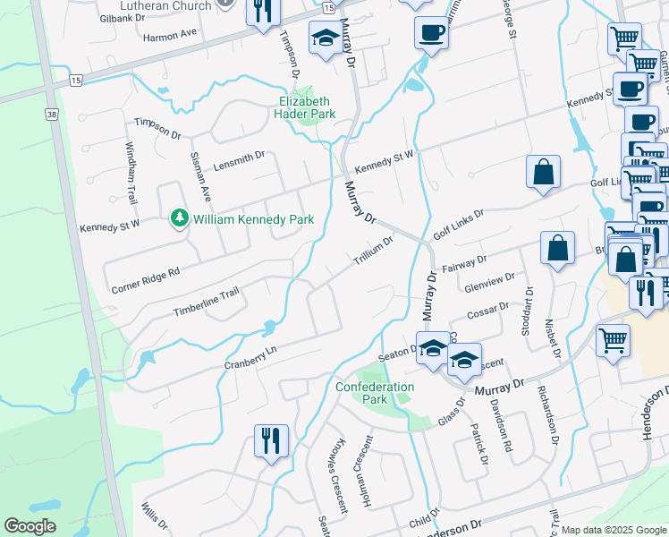 map of restaurants, bars, coffee shops, grocery stores, and more near 33 Trillium Drive in Aurora