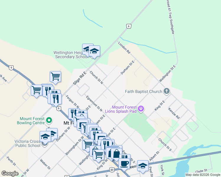 map of restaurants, bars, coffee shops, grocery stores, and more near 214 Church Street North in Mount Forest