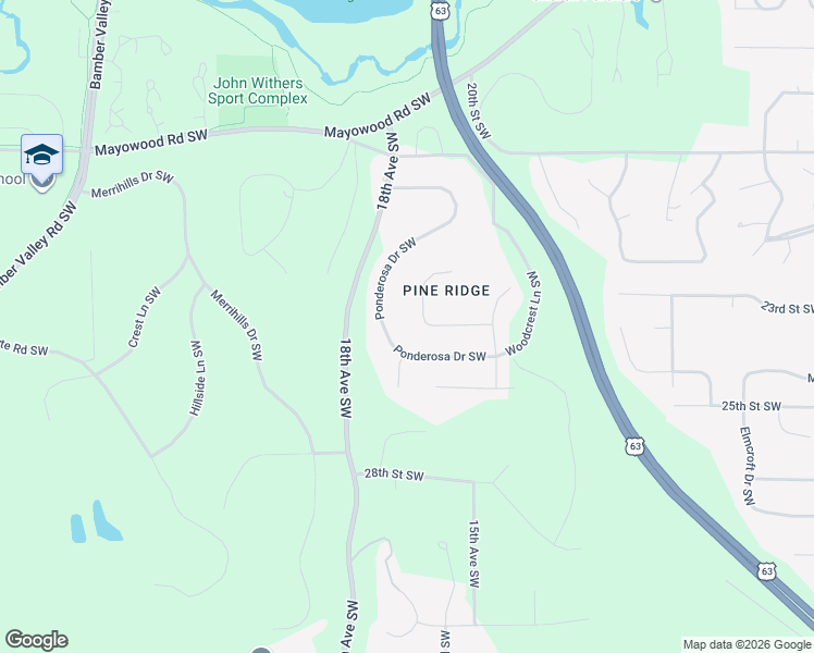 map of restaurants, bars, coffee shops, grocery stores, and more near 1544 Redwood Lane Southwest in Rochester