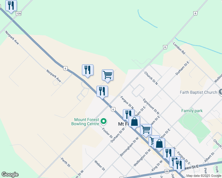 map of restaurants, bars, coffee shops, grocery stores, and more near 490 Main Street North in Mount Forest