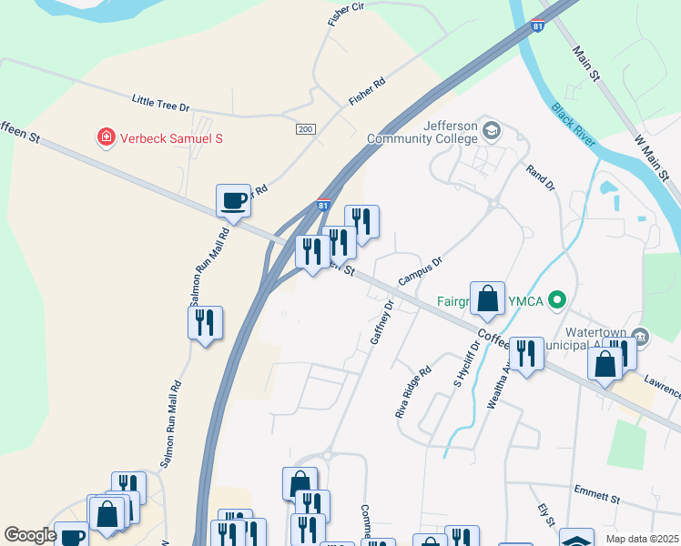 map of restaurants, bars, coffee shops, grocery stores, and more near 1279 Coffeen Street in Watertown