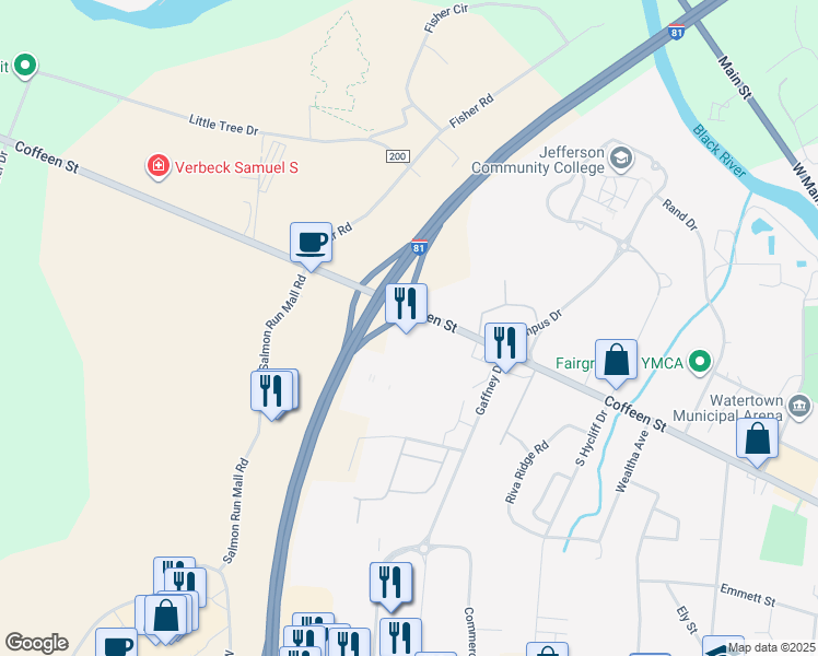 map of restaurants, bars, coffee shops, grocery stores, and more near 424 College Heights in Watertown