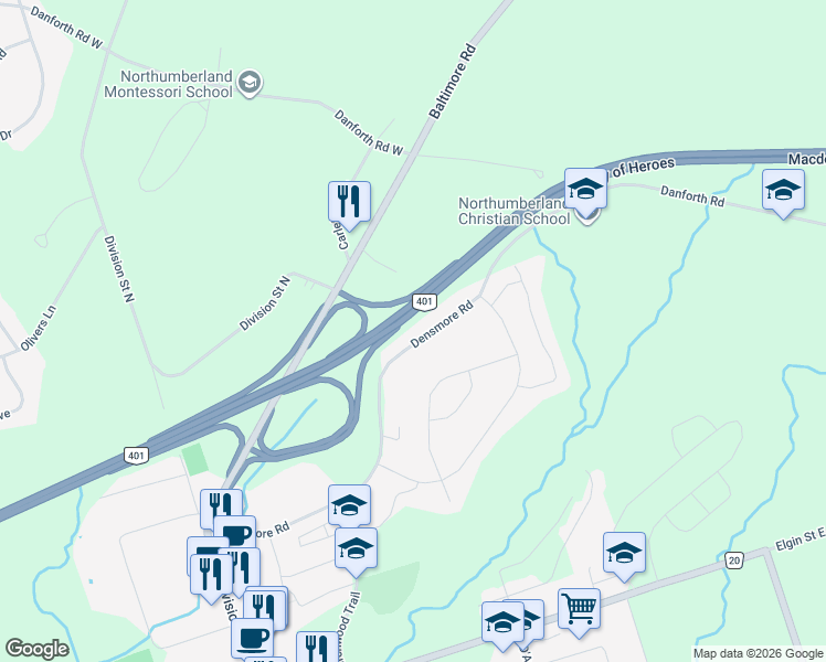 map of restaurants, bars, coffee shops, grocery stores, and more near 280 Densmore Road in Cobourg