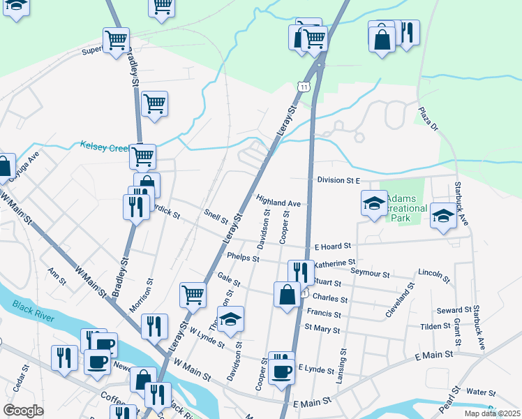 map of restaurants, bars, coffee shops, grocery stores, and more near 830 Davidson Street in Watertown