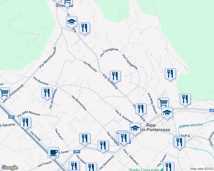 map of restaurants, bars, coffee shops, grocery stores, and more near 39 Via Strettoia in Strettoia
