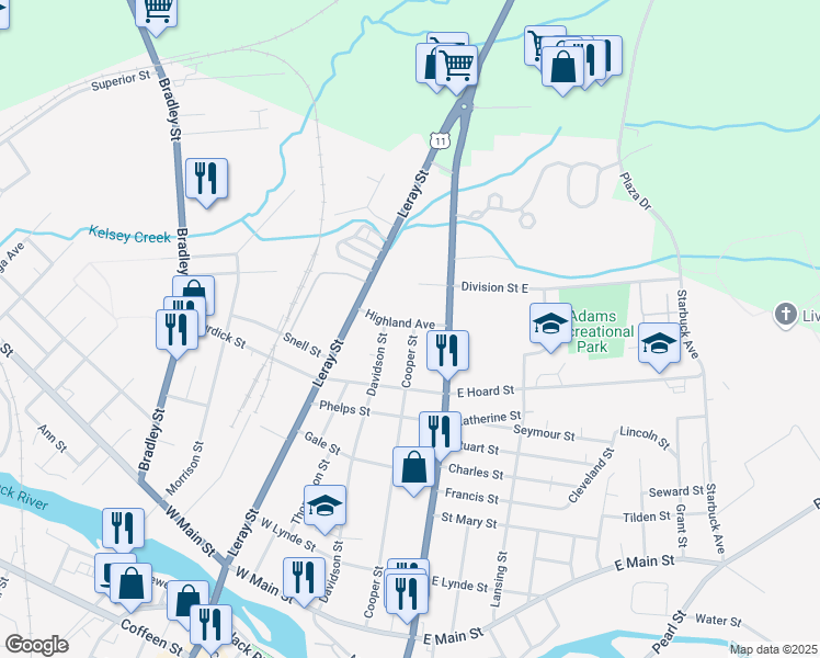 map of restaurants, bars, coffee shops, grocery stores, and more near 847 Cooper Street in Watertown