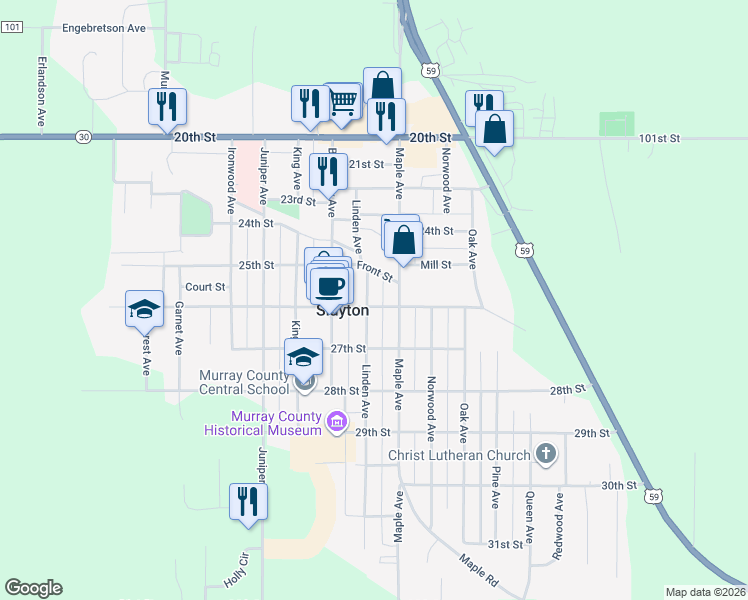 map of restaurants, bars, coffee shops, grocery stores, and more near 2624 Maple Avenue in Slayton