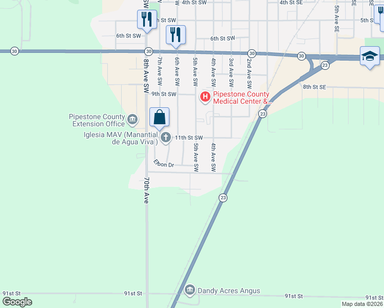 map of restaurants, bars, coffee shops, grocery stores, and more near 1112 5th Avenue Southwest in Pipestone