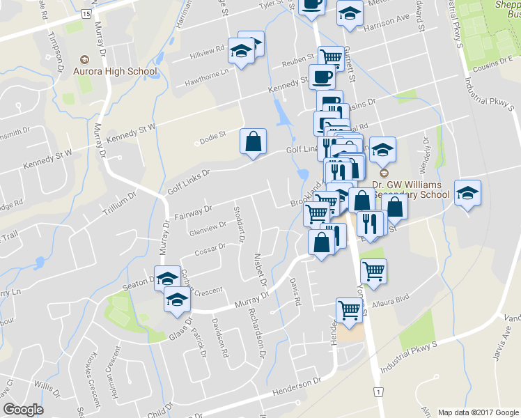 map of restaurants, bars, coffee shops, grocery stores, and more near 71 Nisbet Drive in Aurora