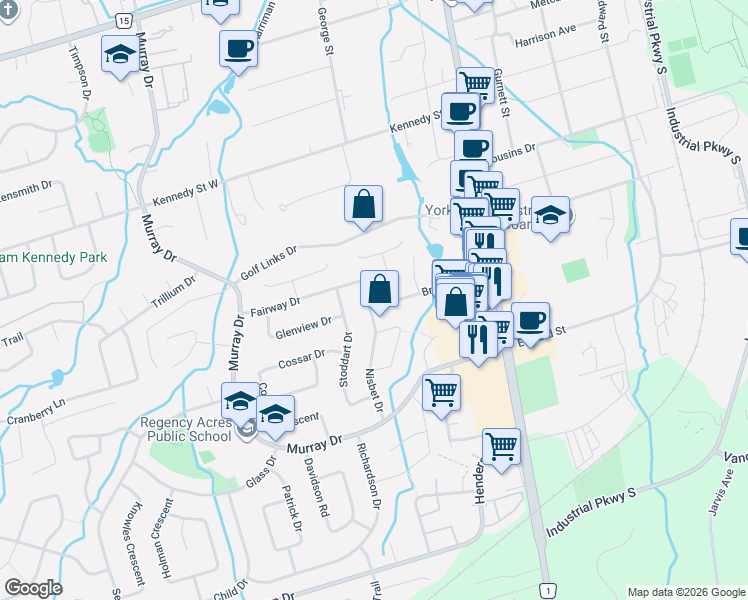 map of restaurants, bars, coffee shops, grocery stores, and more near 71 Nisbet Drive in Aurora
