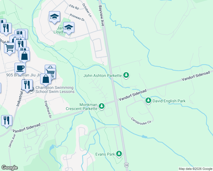 map of restaurants, bars, coffee shops, grocery stores, and more near 25 Archerhill Court in Aurora