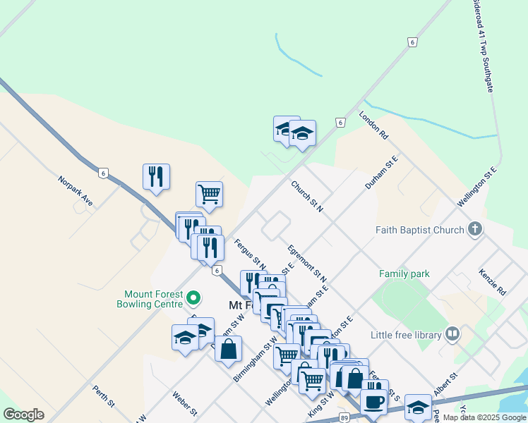 map of restaurants, bars, coffee shops, grocery stores, and more near 300 Sligo Road East in Mount Forest
