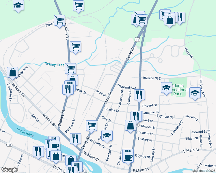 map of restaurants, bars, coffee shops, grocery stores, and more near 887 Leray Street in Watertown
