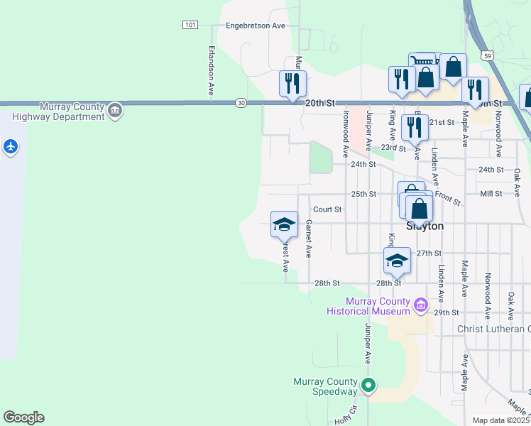 map of restaurants, bars, coffee shops, grocery stores, and more near 1891 25th Street in Slayton