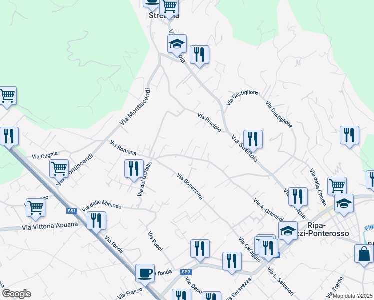 map of restaurants, bars, coffee shops, grocery stores, and more near 105 Via Romana in Strettoia
