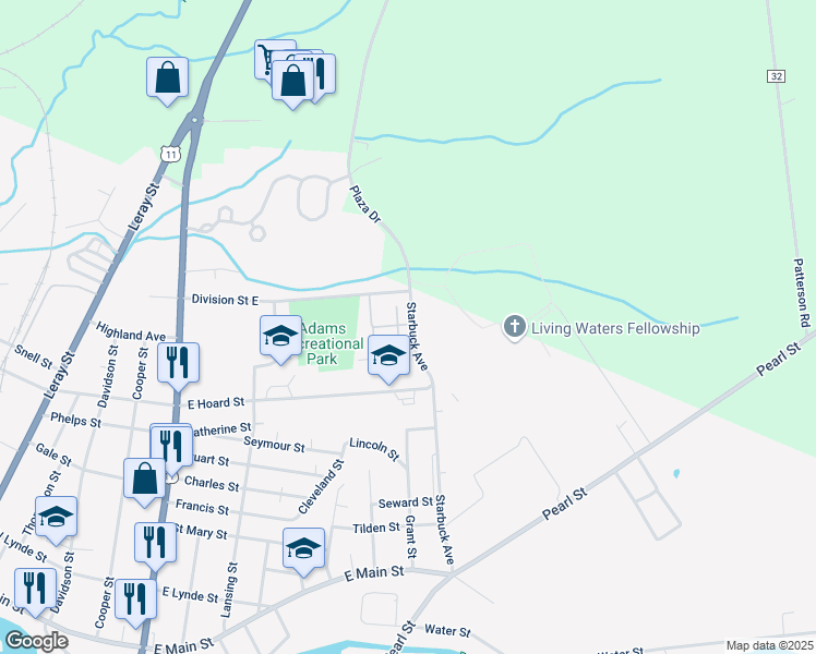 map of restaurants, bars, coffee shops, grocery stores, and more near 834-898 Starbuck Avenue in Watertown