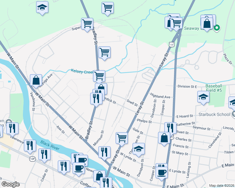 map of restaurants, bars, coffee shops, grocery stores, and more near 827 Morrison Street in Watertown